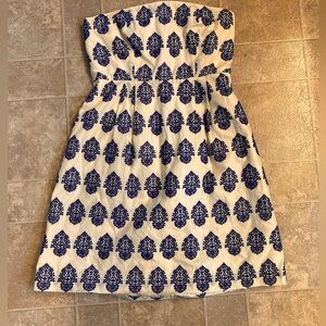 J. Crew strapless dress, in a pale yellow cream, and blue. Sz 2